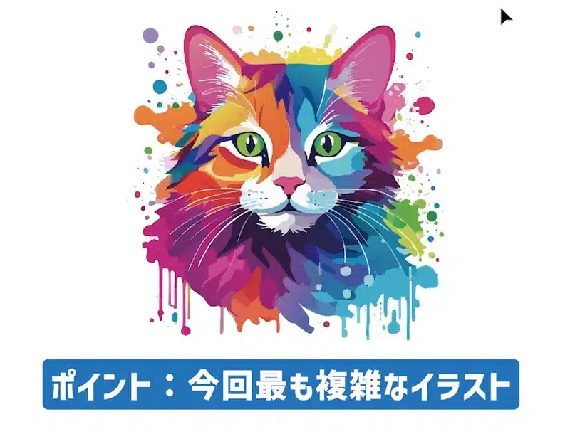 イラレ生成AI「ターンテーブル」で検証する複雑な色彩の猫イラスト。インクが飛び散る背景も立体的に表現できるか。