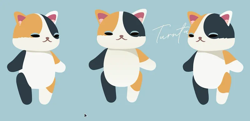 イラレ生成AI「ターンテーブル」で生成された三毛猫のイラスト。様々な角度から見たバリエーションが表示されている。