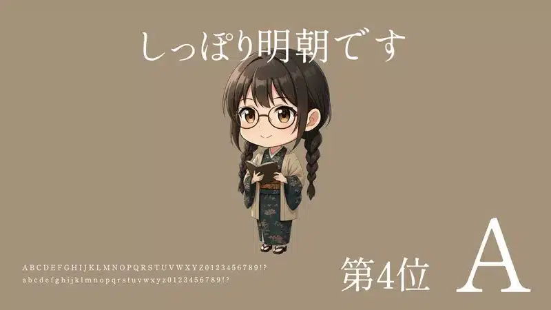 日本語フリーフォント商用可ランキング第4位「しっぽり明朝」の擬人化キャラクター。和服を着て本を読む女の子と、フォント見本が表示されています。