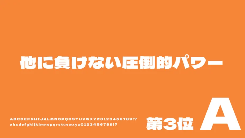 オレンジ背景に白文字で「他に負けない圧倒的パワー」とアルファベット、数字が書かれた「デラゴシック」の見出し。