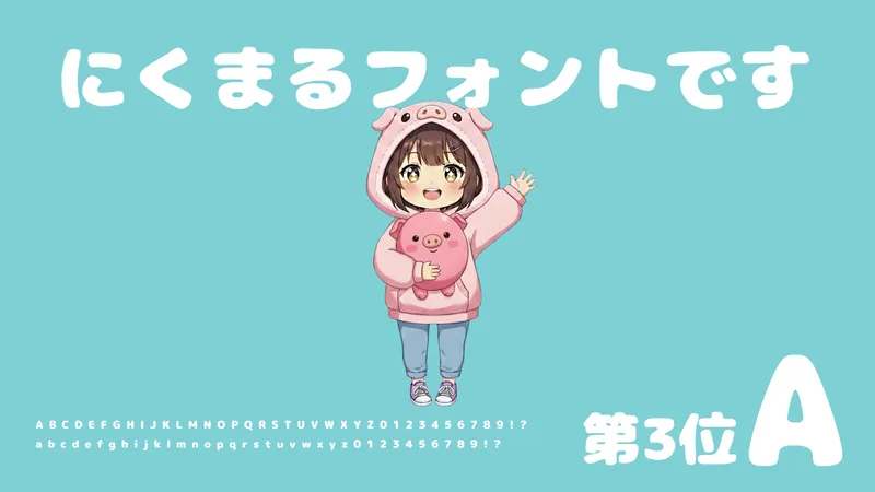 日本語フリーフォント商用可ランキング第3位：親しみやすい「にくまるフォント」。豚のパーカーを着た女の子のキャラクターとアルファベット、数字見本付き。