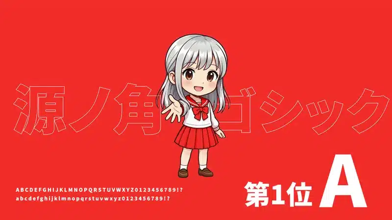 日本語フリーフォント商用可ランキング第1位！万能な源ノ角ゴシックを紹介。赤い背景に、フォント名と制服姿の女の子キャラクター、アルファベットと数字見本が表示されています。