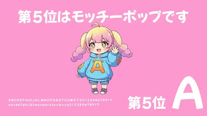 日本語フリーフォント商用可ランキング第5位、手書き風POP体の「モッチーポップ」の紹介。ピンク背景に、水色のパーカーを着たキャラクターが手を振るイラストと、アルファベット・数字見本。