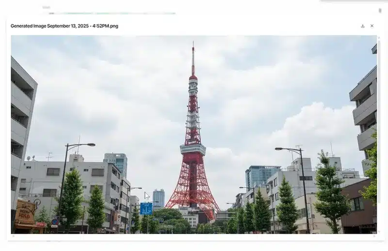 Googleマップの地図情報から、AIのNanobananaがプロンプトを基に生成した東京タワーと周囲の街並み。