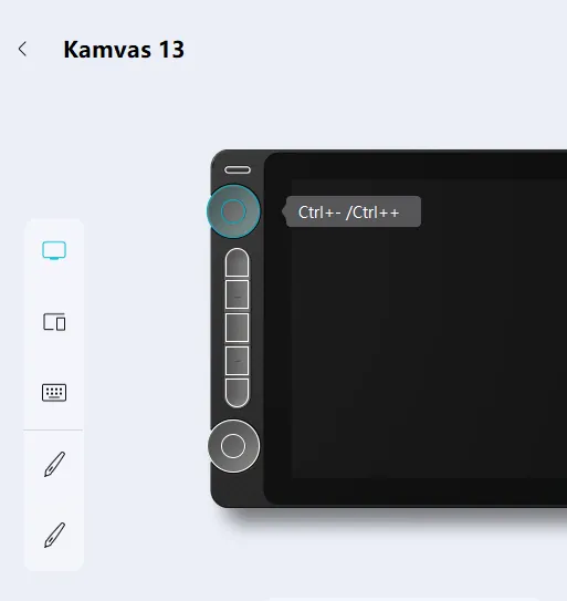 HUIONの液晶タブレットKamvas 13 (Gen3)のダイヤルに、拡大・縮小ショートカットを割り当てている設定画面。