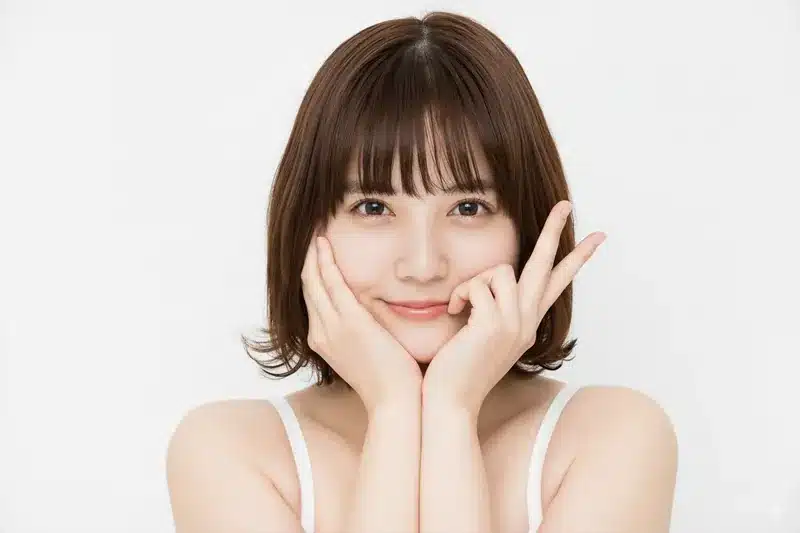 Nanobananaのポーズ変更機能によって、ピースサインをして微笑むボブヘアの女性。