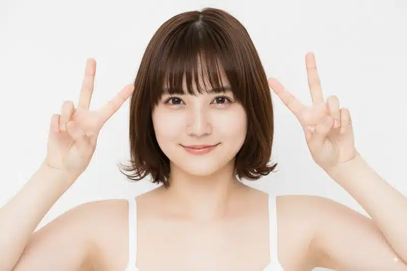 Nanobananaのプロンプトで「ピースして」と指示し、元の状態からポーズを変更したボブヘアの女性。