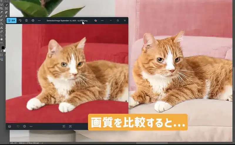 AIのNanobananaが出力した猫(左)と高画質な元の猫(右)を並べて、その画質の違いを比較。