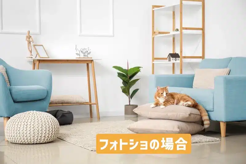 Nanobananaでは難しい精密な編集をPhotoshopで実現したリビング。水色のソファとクッションの上でくつろぐ猫。