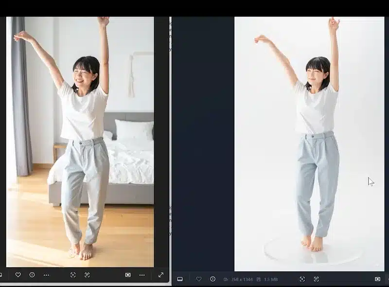 Nanobananaの機能で、寝室で伸びをする女性が背景から切り抜かれ、台座に乗ったリアルなフィギュアに変換される様子。