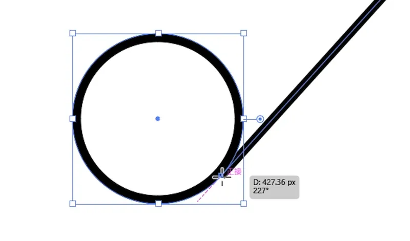 Illustrator 2026の新機能。強化されたスナップ機能で、円の「正接」に線が正確に吸着する様子。
