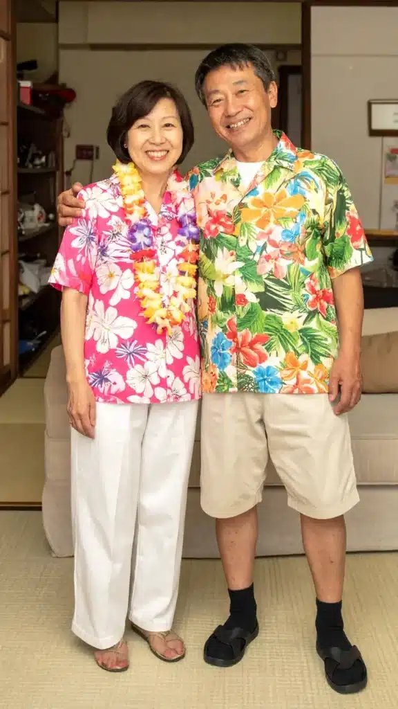 室内にいる笑顔の夫婦