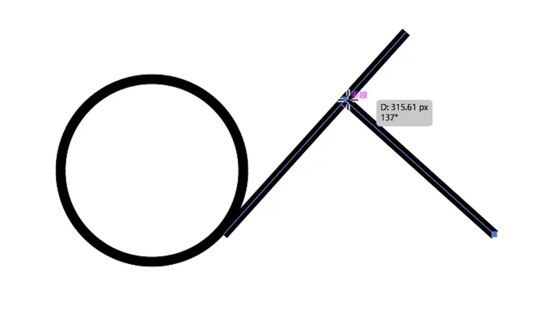 Illustrator 2026の強化されたスナップ機能。「正接」ガイドが表示され、円に線を正確に描いている。