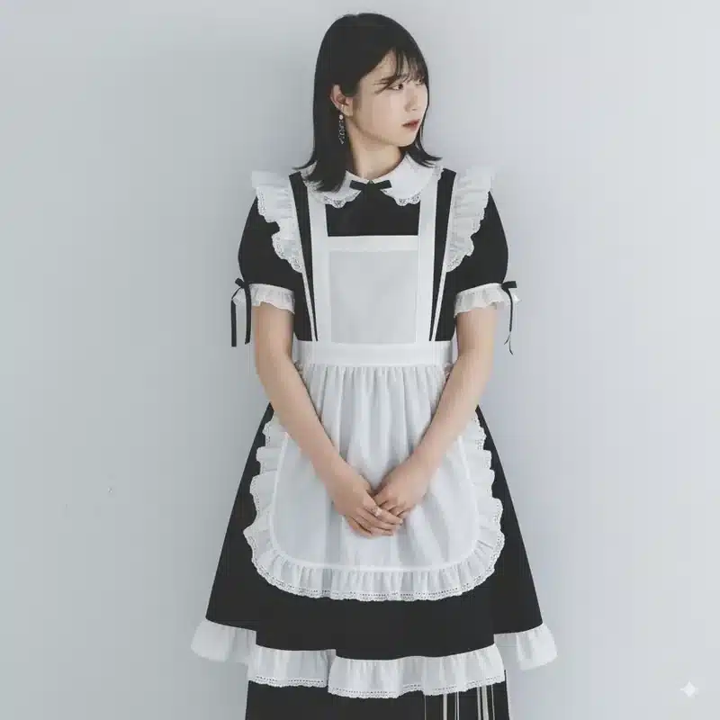 Nanobananaのバーチャル試着機能のプロンプト例。白い壁を背景に立つメイド服姿の女性。