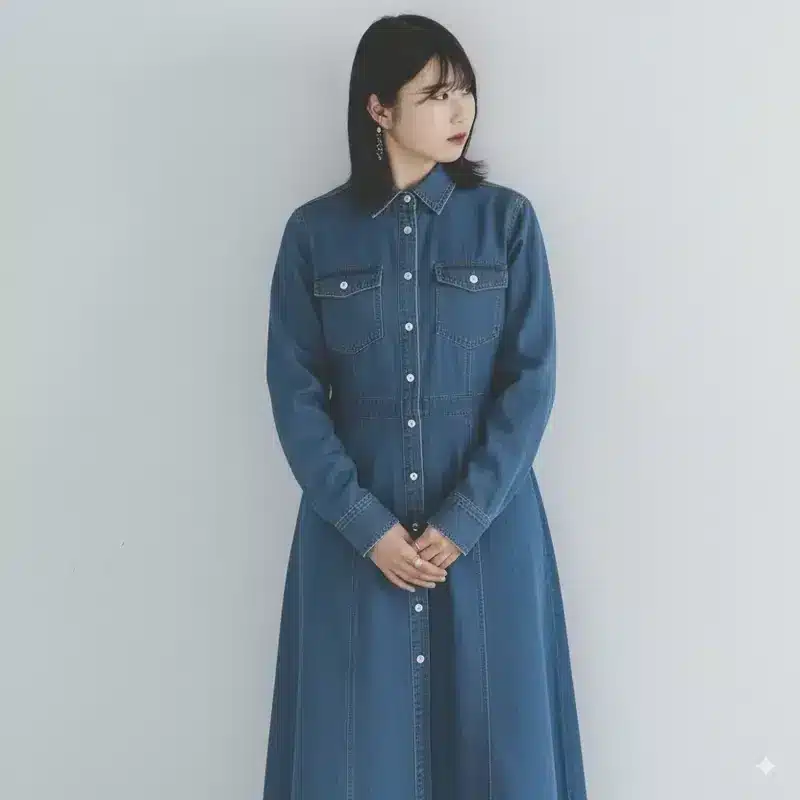 Nanobananaでポーズ変更を試すベースとなる、デニムワンピースを着て白い壁の前に立つ女性。**