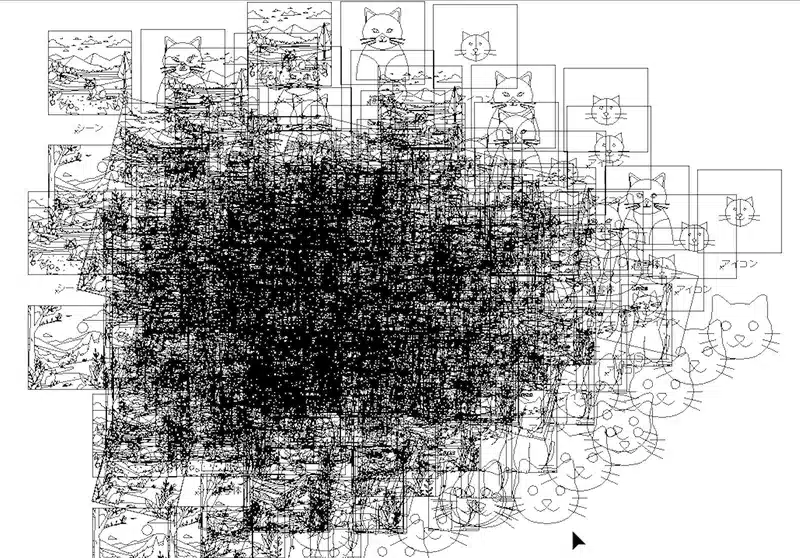 Illustrator 2026で猫や風景のオブジェクトが大量に重なり、パフォーマンス負荷をかけている様子。