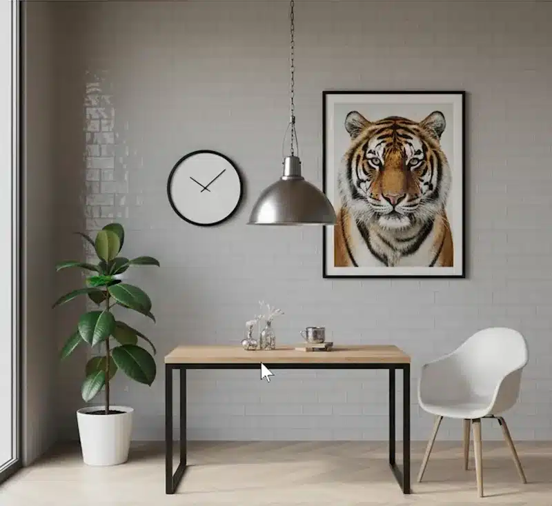 虎のポスターが印象的なモダンなダイニングルーム。