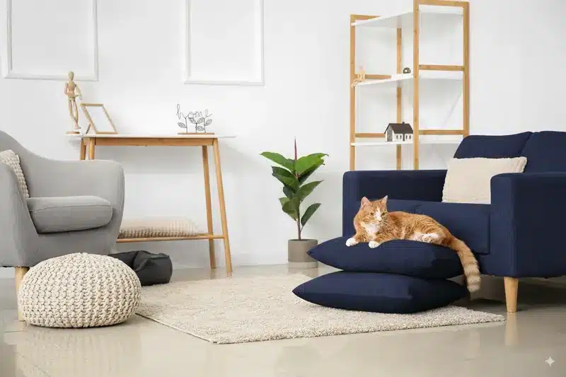 Nano Bananaで生成した、紺色のソファの上でくつろぐ茶トラ猫がいるモダンな部屋。